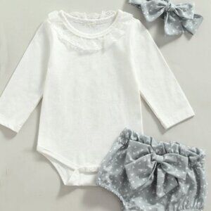 Baby Girls White Onsie with Grey Bloomers and Tie